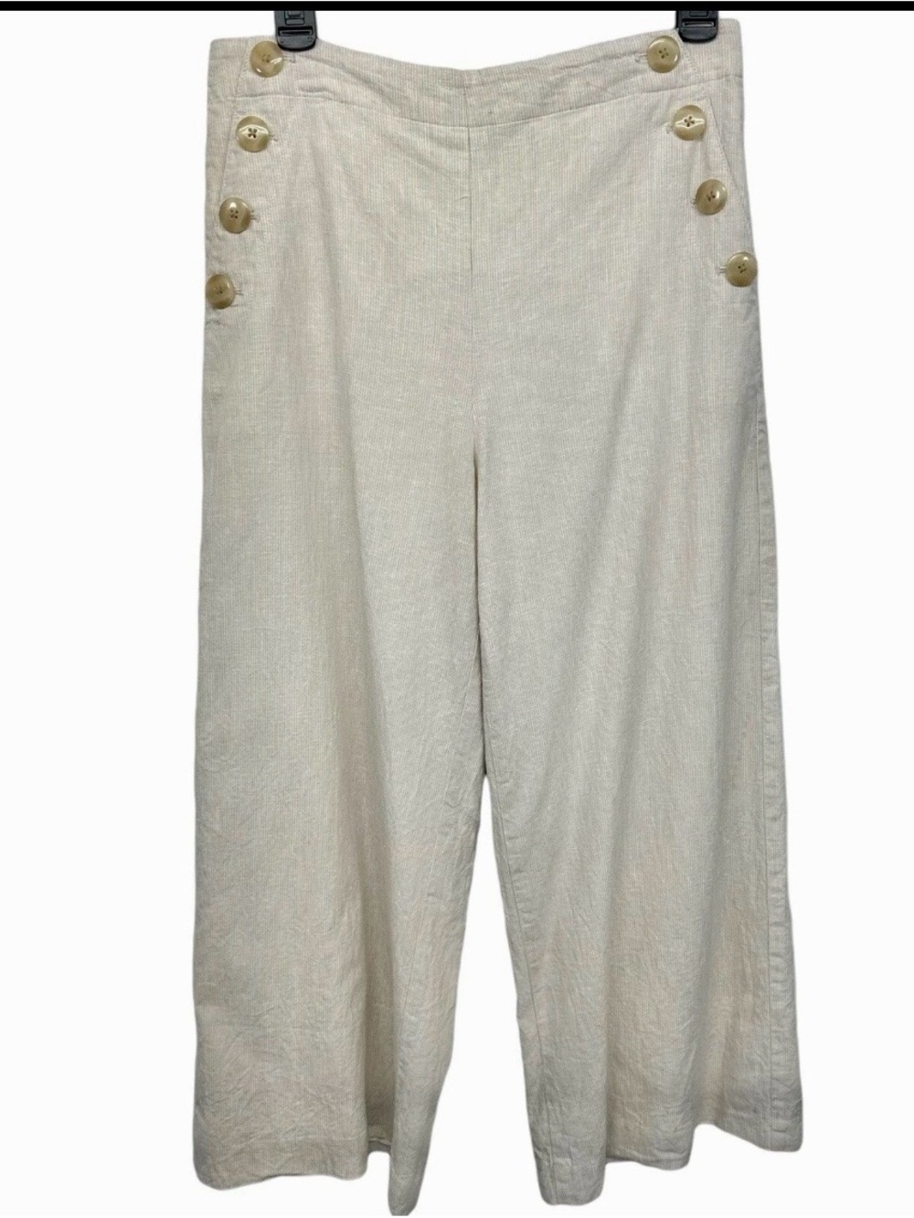 LOFT Cream Wide-Leg Linen-Blend Sailor Capri Pants with Button Accent